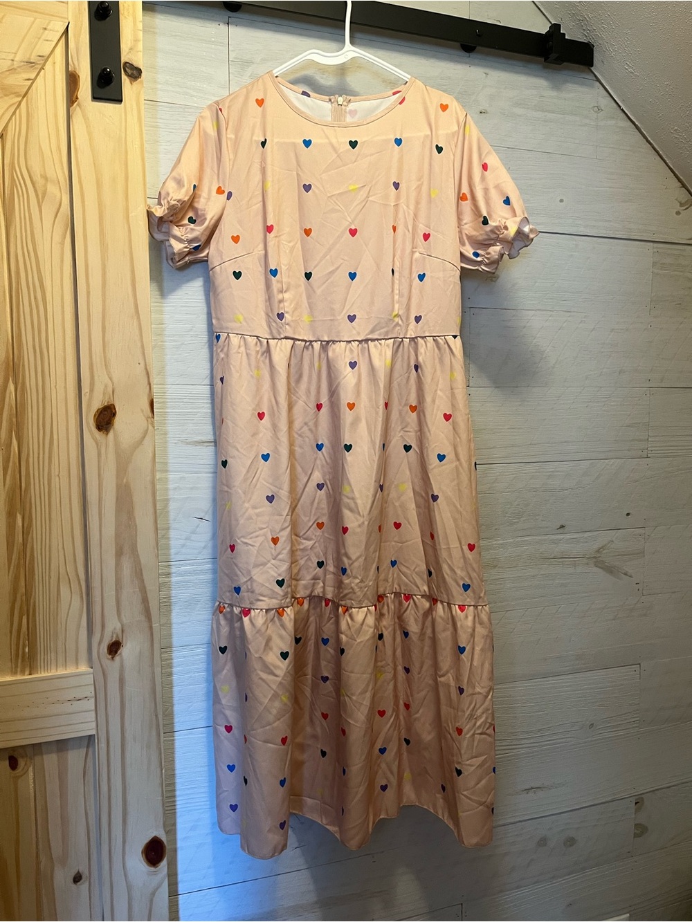 SHEIN Pink Tiered Midi Dress with Multicolor Heart Print